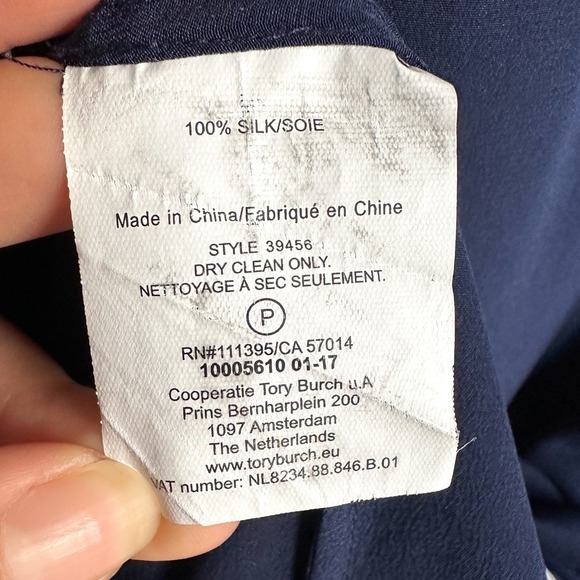 Tory Burch Navy Blue Silk Colorblock Short Sleeve Tunic Top Size Small - Picture 3 of 4